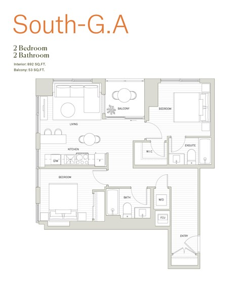 Floor plan for 2 beds, 2 baths, 892 sqft
